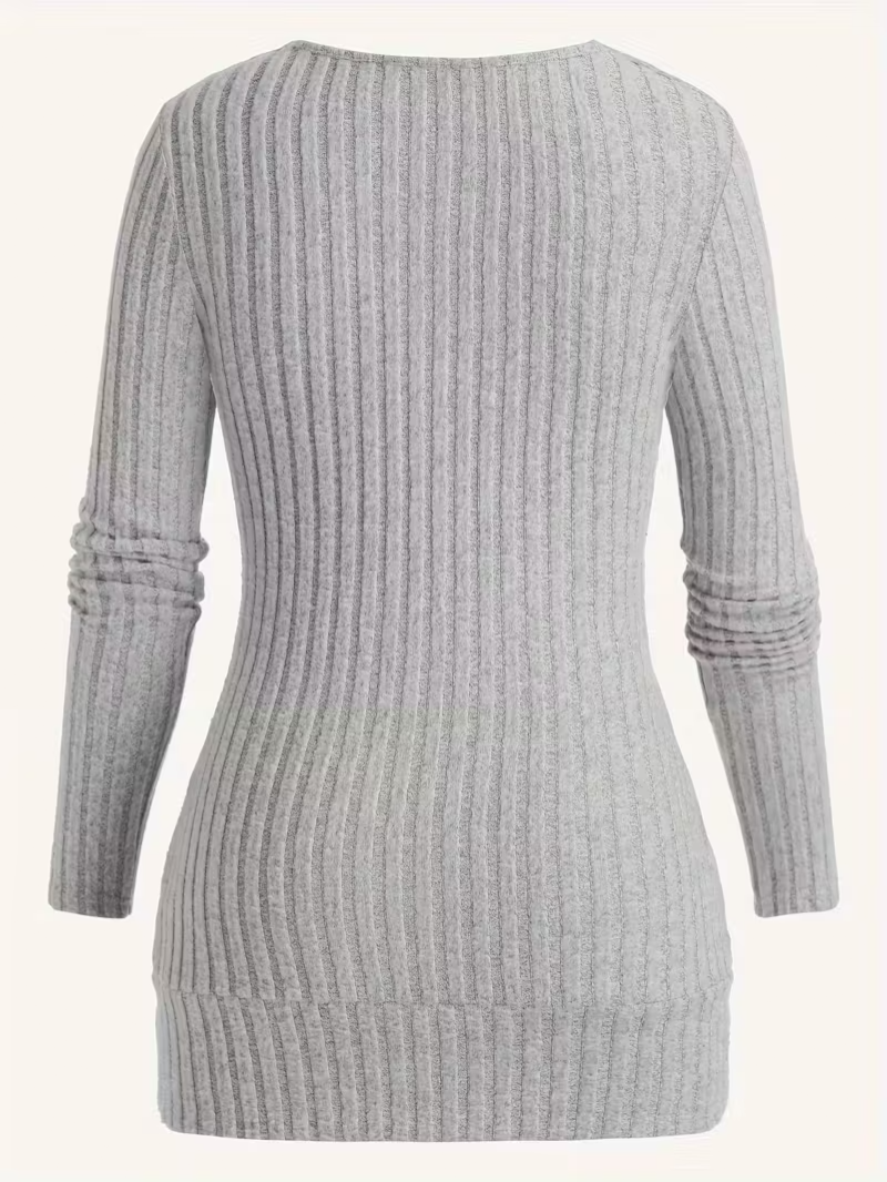 Women's Buttoned Chain Stitching Pleated Textured Light Gray Ribbed Fleece