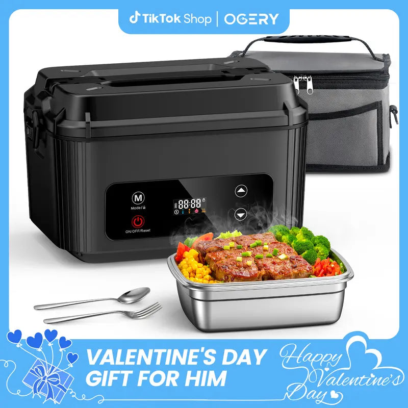 Self-Heating Electric Lunch Box, 100W, 40oz, Stainless Steel, Portable