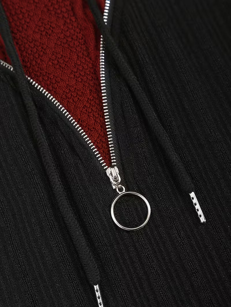 Women's Ribbed Faux Zip Long Sleeve Color Block Casual Hoodie