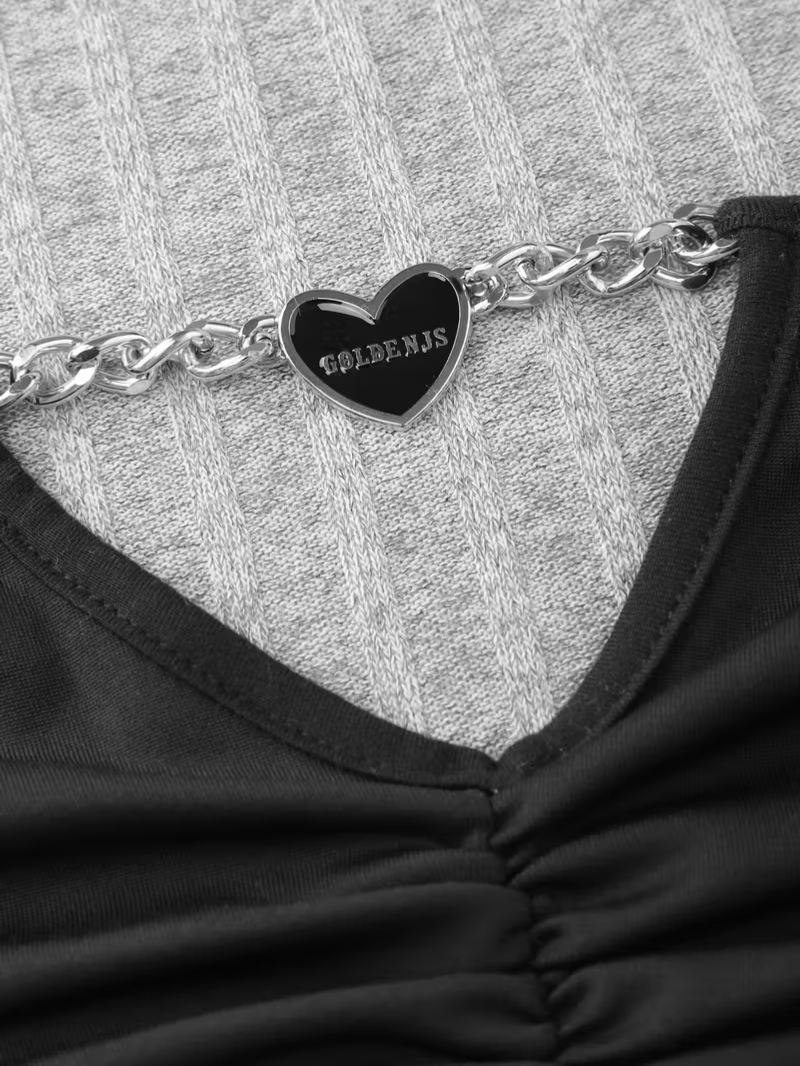 Women's Buttoned Chain Stitching Pleated Textured Light Gray Ribbed Fleece