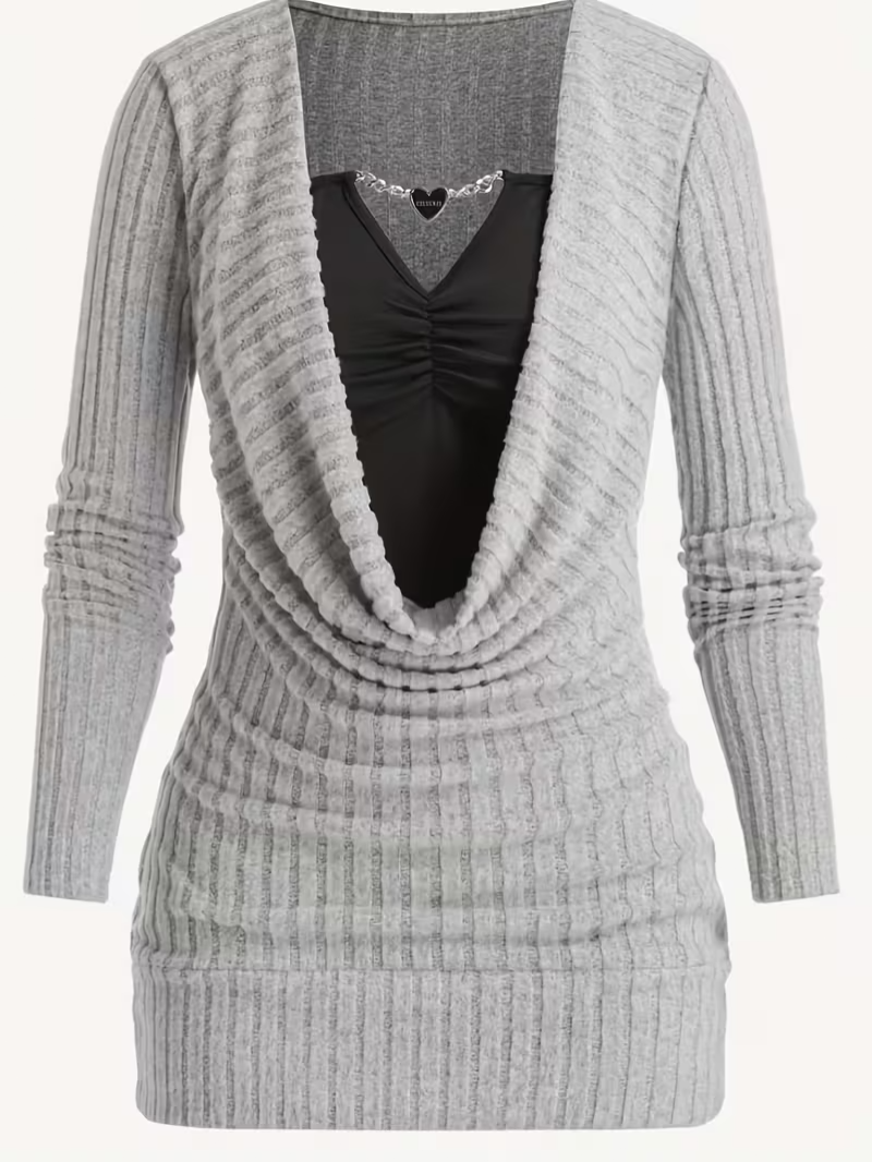 Women's Buttoned Chain Stitching Pleated Textured Light Gray Ribbed Fleece