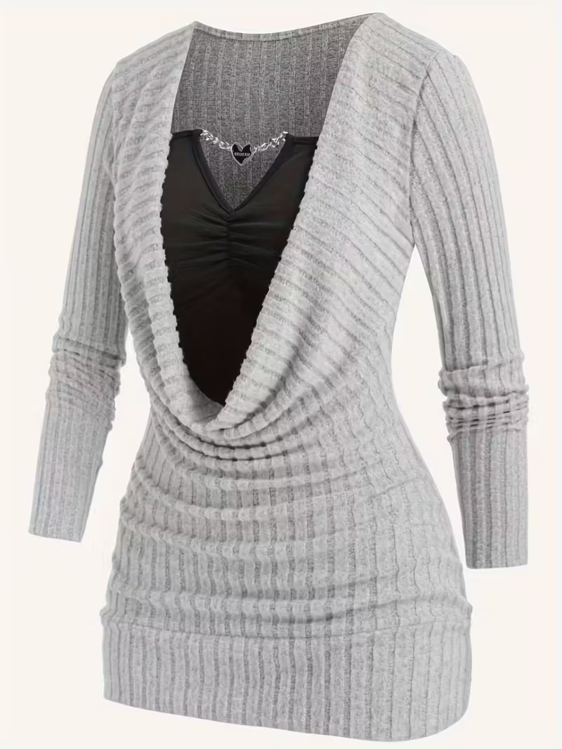 Women's Buttoned Chain Stitching Pleated Textured Light Gray Ribbed Fleece