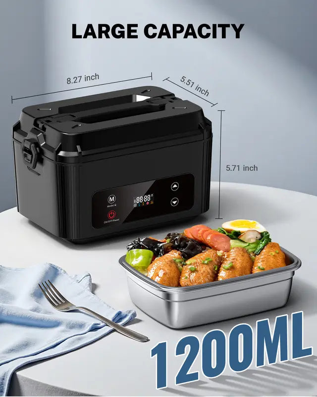 Self-Heating Electric Lunch Box, 100W, 40oz, Stainless Steel, Portable