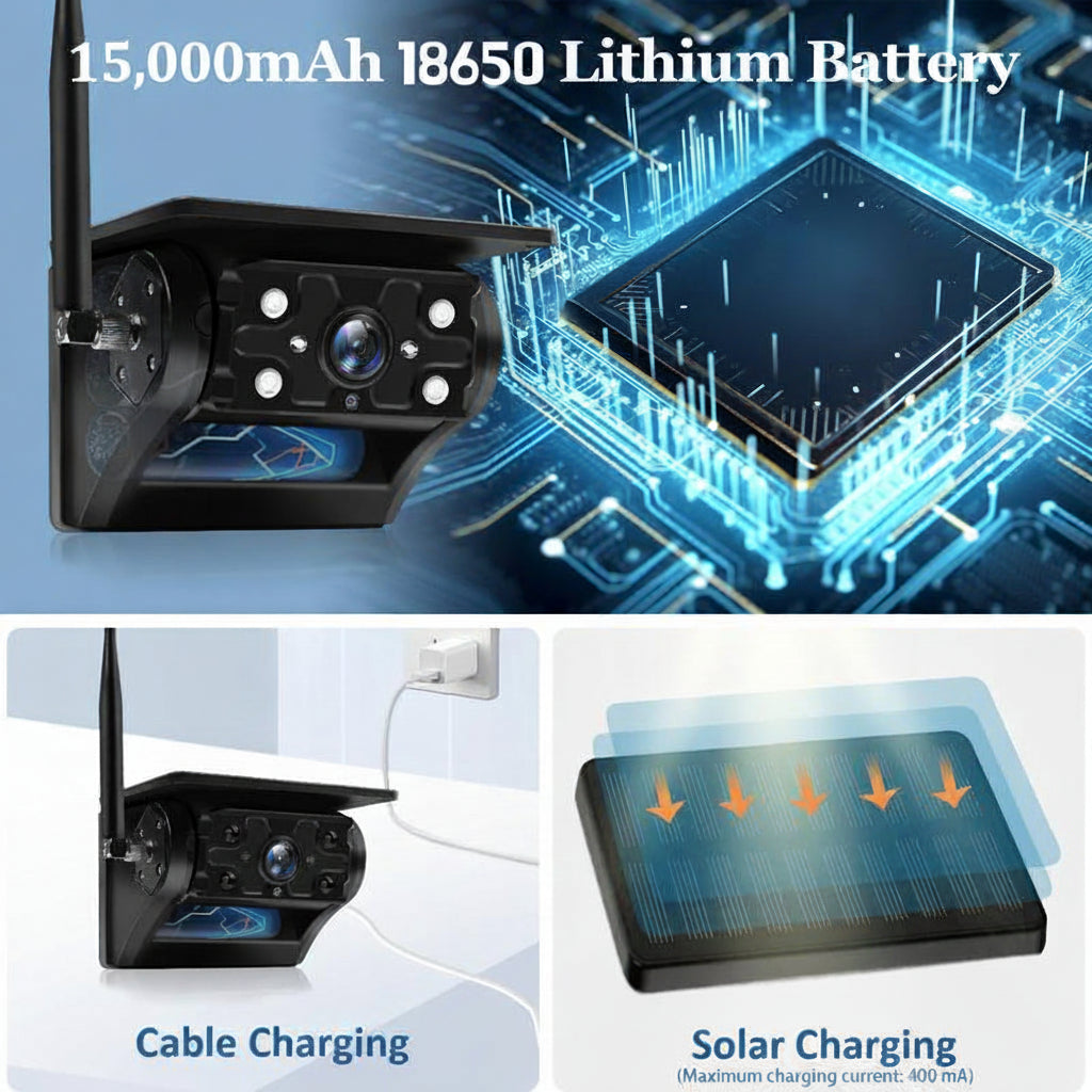 7" Solar Wireless Backup Camera, HD 1080P, Waterproof, Night Vision
