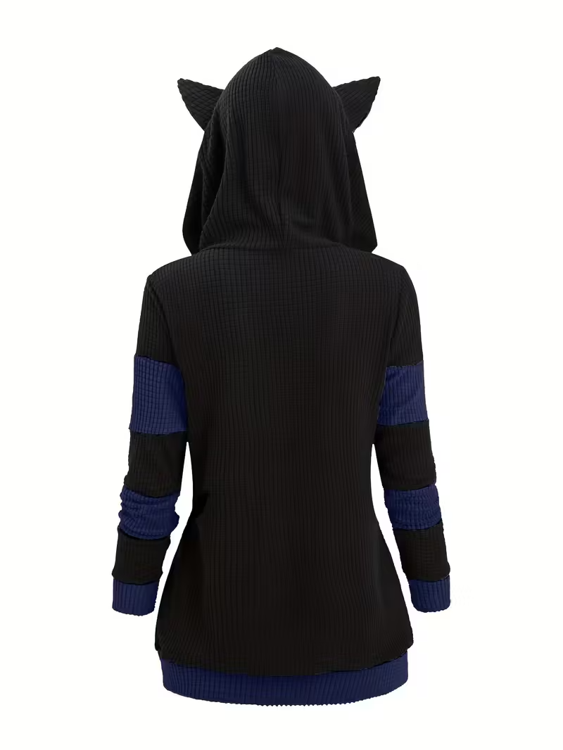 Color Block Zip-up Cat Hoodie Sweatshirt