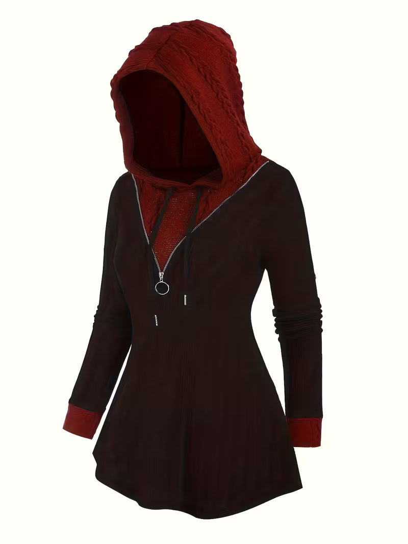 Women's Ribbed Faux Zip Long Sleeve Color Block Casual Hoodie