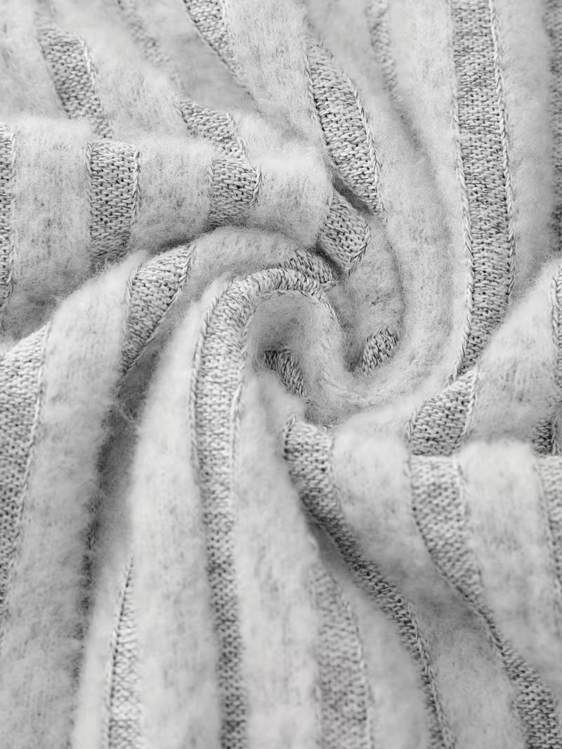 Women's Buttoned Chain Stitching Pleated Textured Light Gray Ribbed Fleece