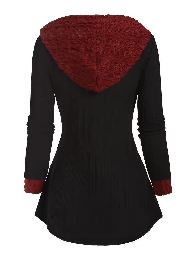 Women's Ribbed Faux Zip Long Sleeve Color Block Casual Hoodie