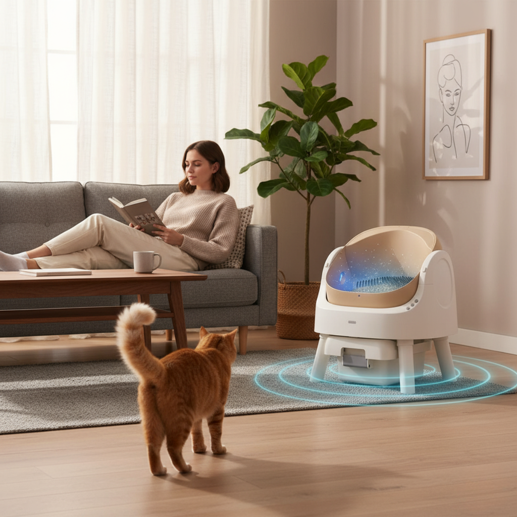 Open-Top Self-Cleaning Cat Litter Box，Odor-Free Waste Disposal includes Trash Bags