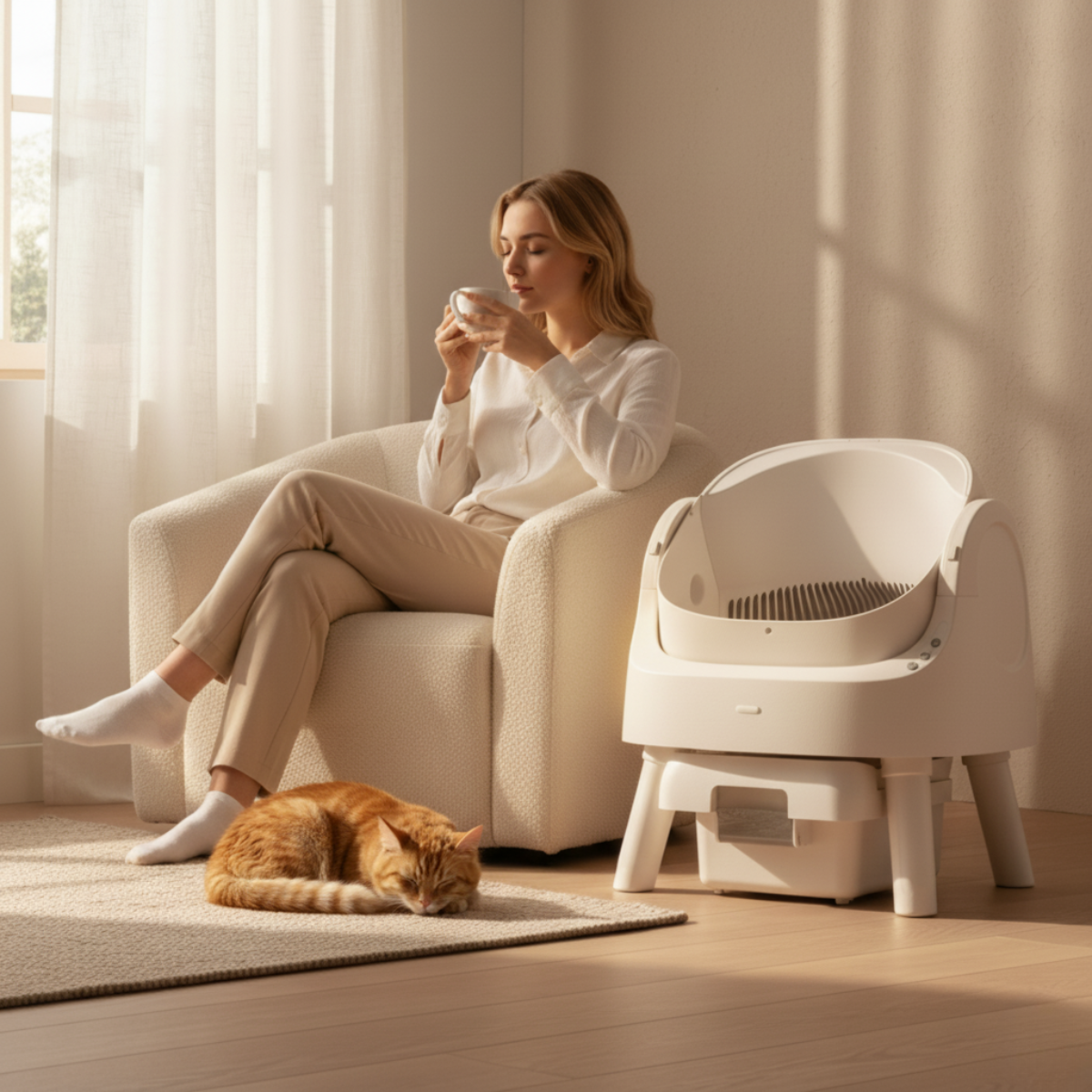 Open-Top Self-Cleaning Cat Litter Box，Odor-Free Waste Disposal includes Trash Bags