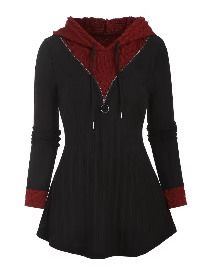 Women's Ribbed Faux Zip Long Sleeve Color Block Casual Hoodie